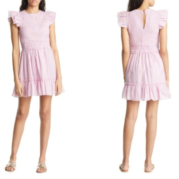 Saylor Zinnia Stripe Mini Dress Size M Smocked Pink Metallic Swiftie Dress - Picture 3 of 12